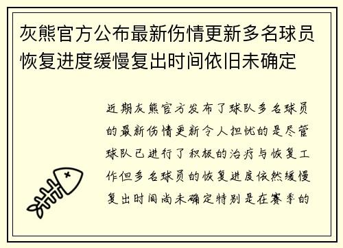 灰熊官方公布最新伤情更新多名球员恢复进度缓慢复出时间依旧未确定